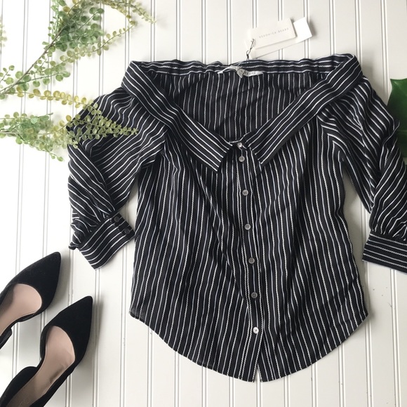 Veronica Beard NWT off shoulder striped top black - Picture 6 of 8